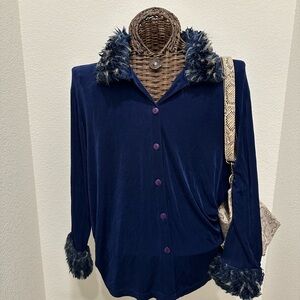 Navy Blue Button-Up with Faux Fur Trim
